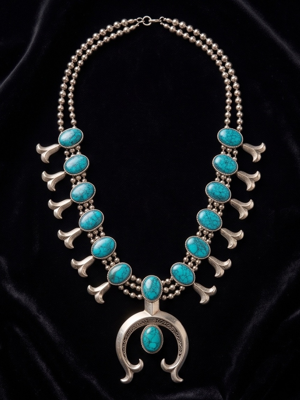 Turquoise Stone Squash Blossom Necklace - Blue-Green Turquoise